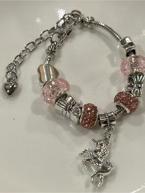 Silver Charm Bracelet with Pink crystal Beads and Unicorn Pegasus Charm 5-7.5